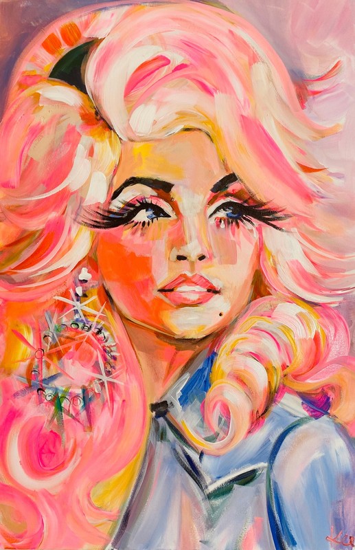 Colorful abstract painting of a woman's face with pink hair and floral elements.