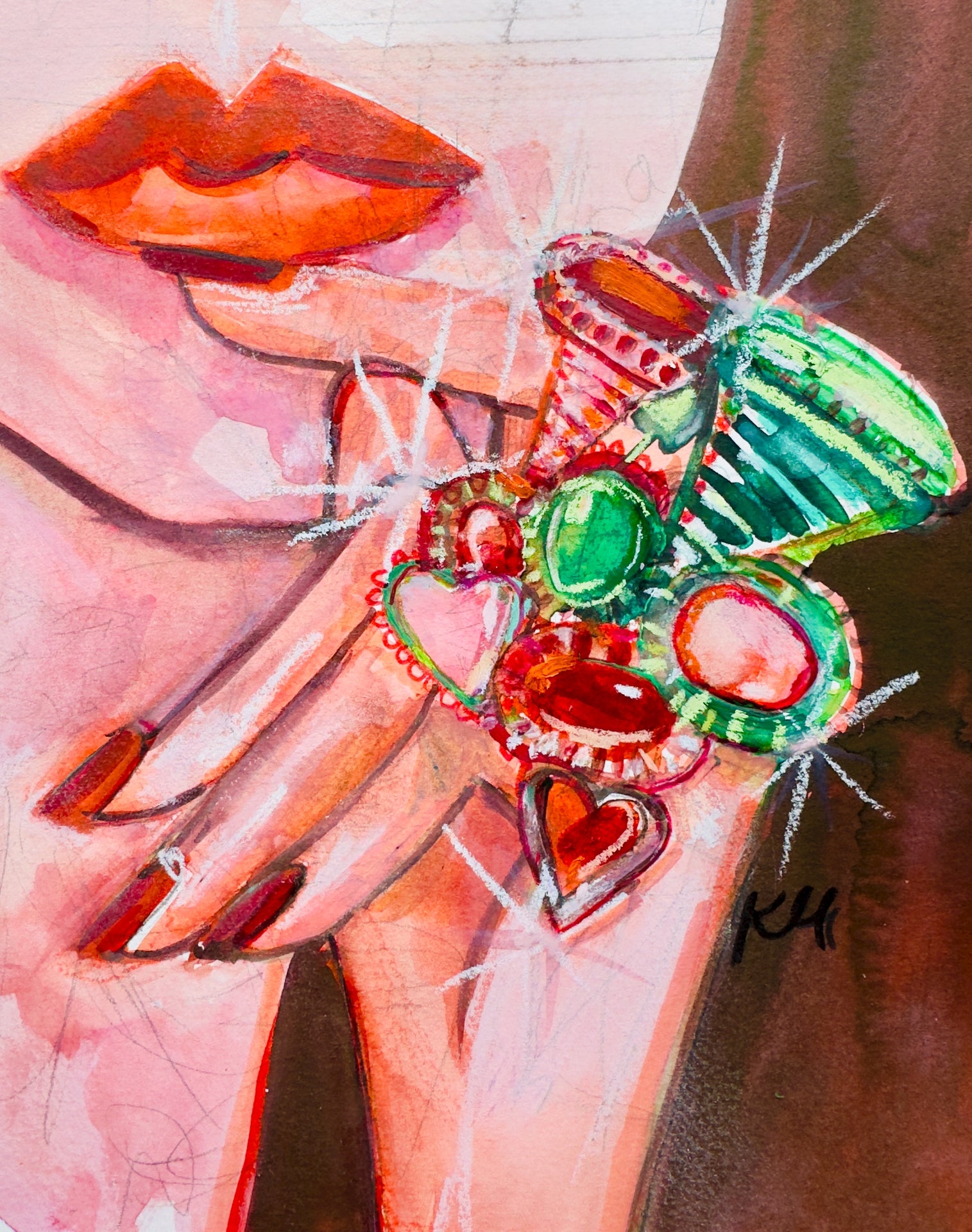 Colorful gemstone ring held by a hand with red lips, artistic style