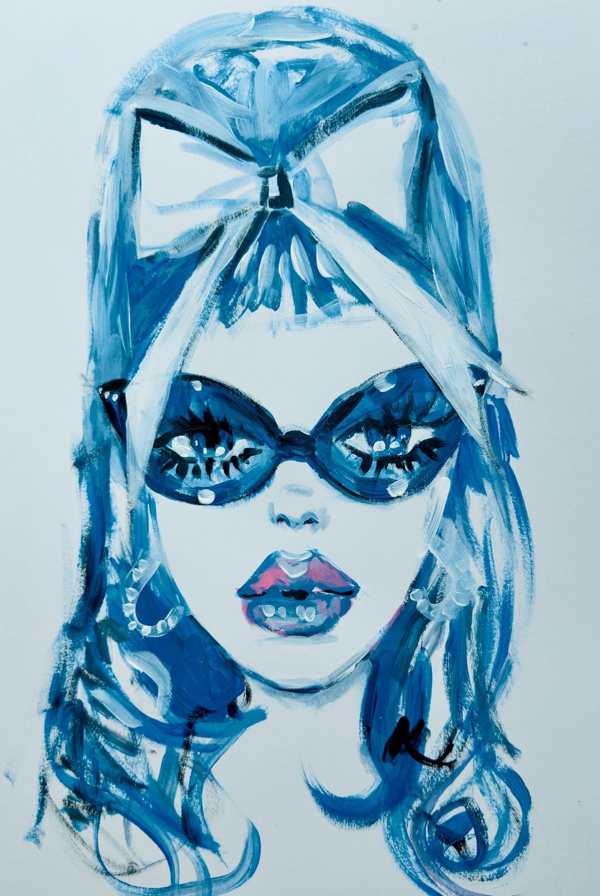A stylized fashion portrait painting of a woman with blue hair, a large bow, dark cat-eye glasses, and blue lips on a white background.