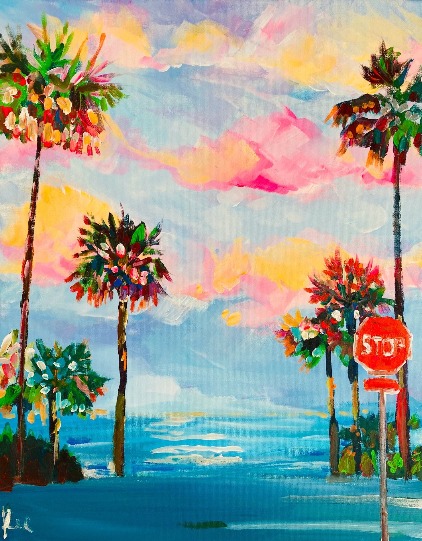 Colorful painting of palm trees and a stop sign by a body of water with a vibrant sky.