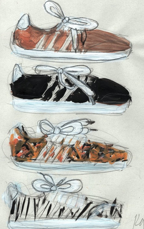 A sketch-style artwork showing four pairs of low-top sneakers arranged vertically on a light beige background. The top pair is brown with white stripes and white laces; the second is black with white laces; the third combines brown, orange, and black in a marbled pattern with white laces; the bottom pair is mostly white with black markings and white laces.