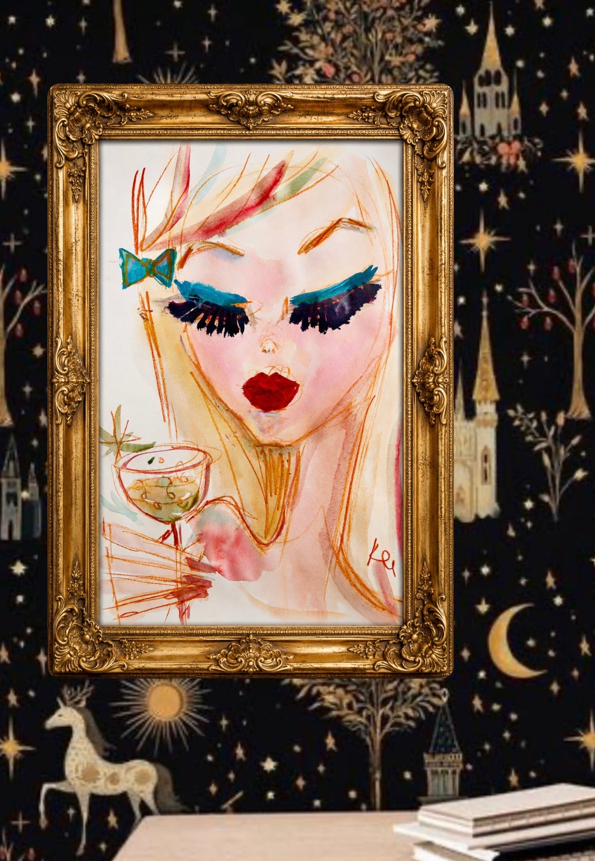 Framed artwork of a stylized face with decorative elements on a decorative background.