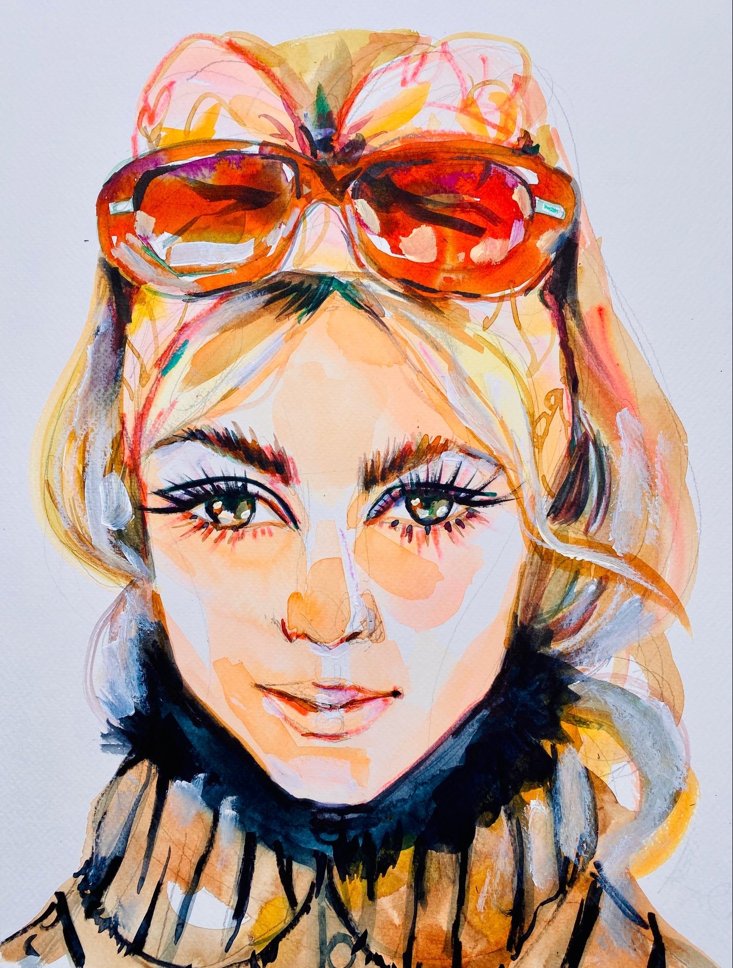 Artistic illustration of a woman with sunglasses on her head