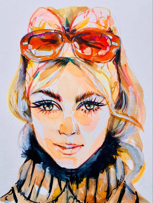 Artistic illustration of a woman with sunglasses on her head